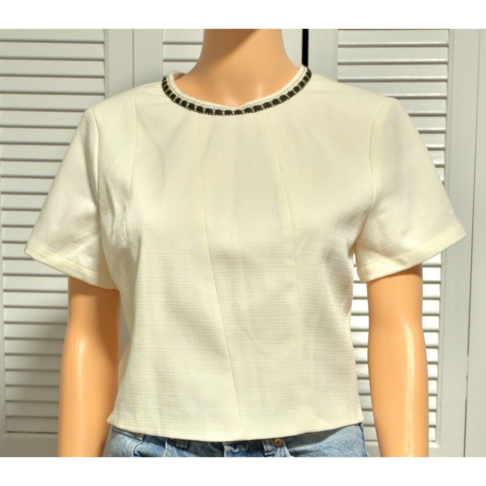 Motf Cream Textured Blouse Women’s Sz M Short Sleeve Embellished Neckline Top
